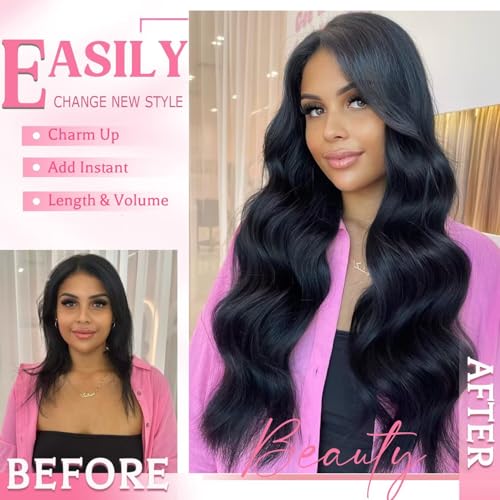 Clip in Hair Extensions 14 Inch 100% Human Remy Hair Jet Black 3.2oz - Salon Quality