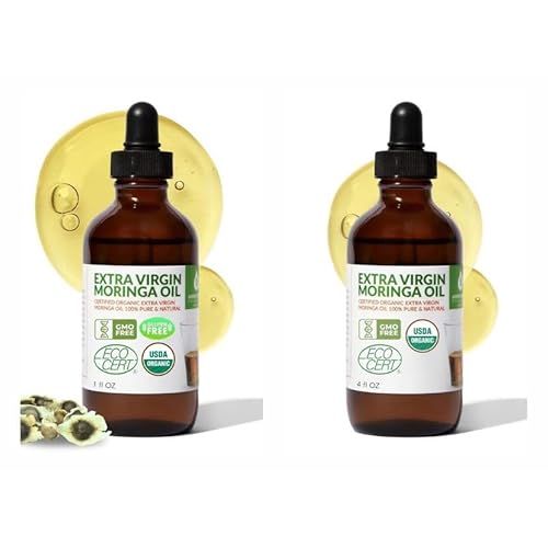 Organic Moringa Oil Bundle ? Cold Pressed, Extra Virgin, 100% Pure, Food Grade ? 4oz Full Size + 1oz Travel Bottle ? Deep Moisturizing, Anti-Aging, Multi-Purpose Skin & Hair Oil