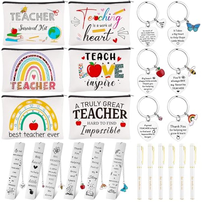 6Sets Teacher Appreciation Gift End of School Year Teacher Gifts Best Teachers-s Multifunctional Makeup Bag Teachers Canvas Pencil Bag With Keychain Bookmarks,Graduation Thank You Gift