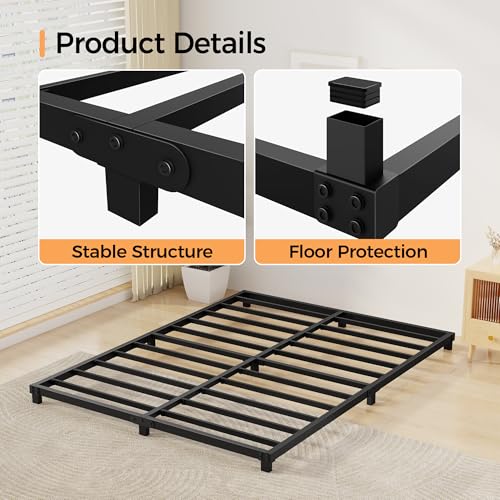 4 Inch Queen Size Low Profile Metal Bed Frame - Heavy Duty Steel Support, Noise-Free, Easy Assembly