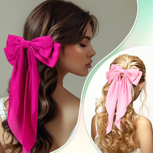 Mimorou 25 Pcs Satin Hair Bows Bulk Silky Big Hair Bows for Women Oversized Long Tail Ribbons Large Knot Clips Barrettes for Holiday Gifts(Plain)