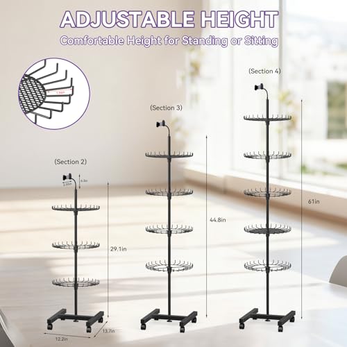 Braiding Hair Rack Standing, 140 Pegs Hair Extension Holder Stand on Wheels (61" Adjustable) with Phone Holder & 2 Mesh Trays, Metal H-Base Hair Stand for Salon, Home & Makeup Artists, Black