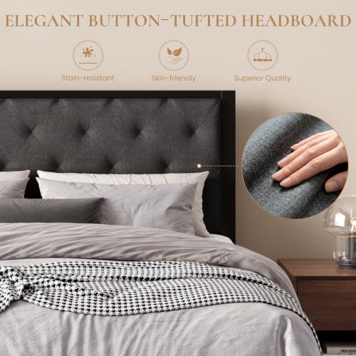 Queen Size Metal Bed Frame with Linen Tufted Headboard - Dark Gray, SHA CERLIN