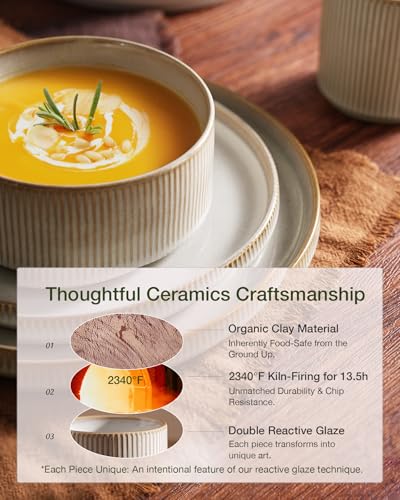 Famiware Cappuccino White Star Stoneware Dinnerware Set for 4 - Reactive Glaze Plates & Bowls