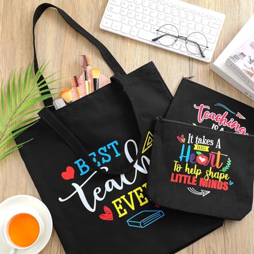 Oudain 8 Pcs Teacher Appreciation Gifts for Women Graduation Gifts Canvas Tote Bag Cosmetic Toiletry Canvas Makeup Bags with Zipper for Teacher Birthday Farewell Parties
