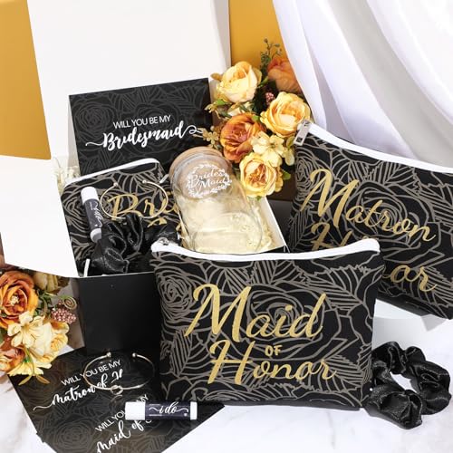 72 Pcs Bridesmaid Proposal Gifts, Will You Be My Bridesmaid, Bride Maid and Matron of Honor Gifts Include Gift Box Glass Cup Makeup Bag Cards Lip Balm Hair Scrunchie Bracelet(Black)
