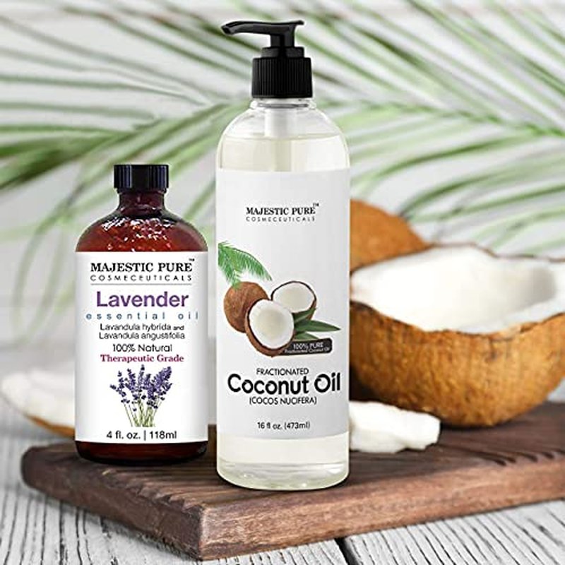 Lavender Essential Oil and Fractionated Coconut Oil Bundle by Majestic Pure - Great Combo Pack for Aromatherapy, Massage and Topical Uses