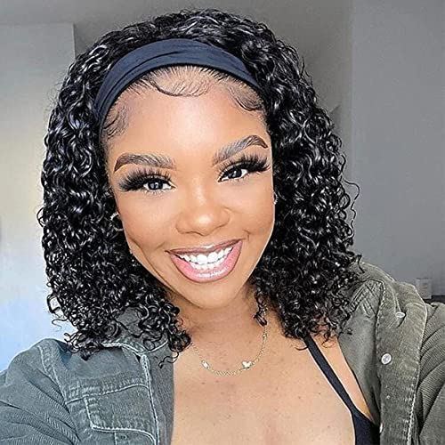 Feelgrace 12 Inch Natural Curly Water Wave Headband Wig Human Hair Glueless Short Kinky Curly Wig for Black Women