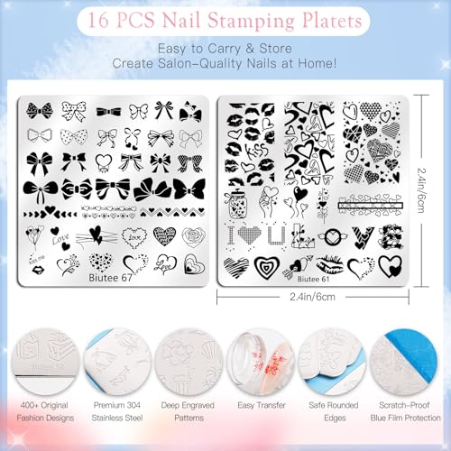 Biutee 31pcs Nail Stamping Kit with 16 Plates and 10 Gel Polishes - DIY Nail Art