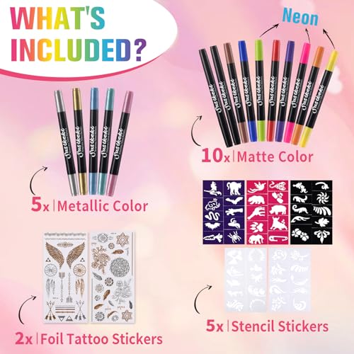Temporary Tattoo Markers for Skin, 15 Dual Tip Fake Tattoo Pens ? Glitter, Matte, Neon Glow Body Marker with 50 Paint Stencils & 43 Stickers, Washable Markers for Teens & Adlut