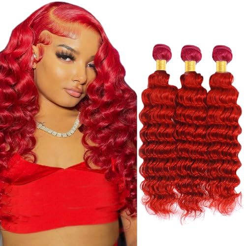 Red Deep Wave Human Hair Extensions 20 22 24 Inch 3 Bundles Virgin Brazilian Weave