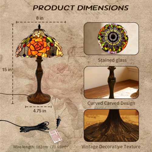 Pterying Tiffany Style Rose Stained Glass Table Lamp - 19 Inch Vintage Accent Light