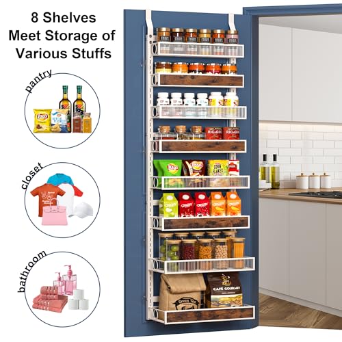 Clothink White 8-Tier Pantry Door Organizer Spice Rack - Adjustable Wall & Over Door Kitchen Storage