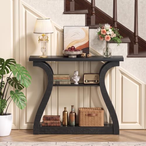 Black Wood Console Table with 3-Tier Shelves - Farmhouse Style Entryway Table