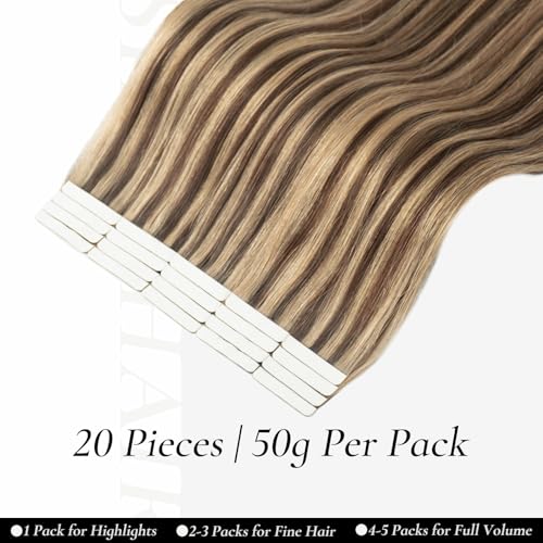 Tape-In Hair Extensions Human Hair 20pcs 22 Inch Chocolate Brown & Caramel Blonde