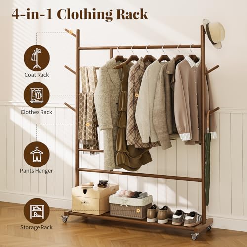 Walnut Wooden Clothing Rack 4-in-1 with Wheels - Heavy Duty & Portable