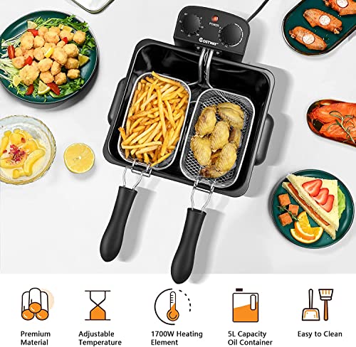 SIMOE 5.3QT Deep Fryer with Basket - 5L Silver, Adjustable Temperature