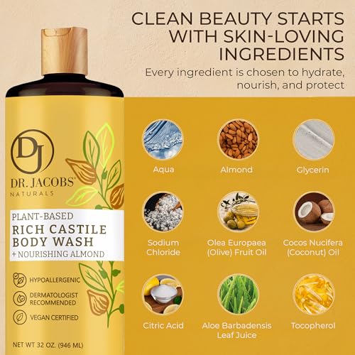 Dr. Jacobs Naturals Castile Body Wash Almond with Pump - Plant-Based 32 oz
