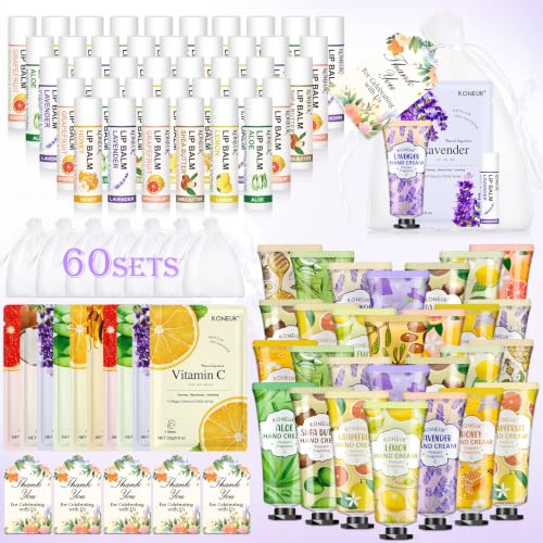 KONEUK 60 Pack Bulk Facial Mask, Lip Balm & Hand Cream Gift Sets for Parties & Weddings