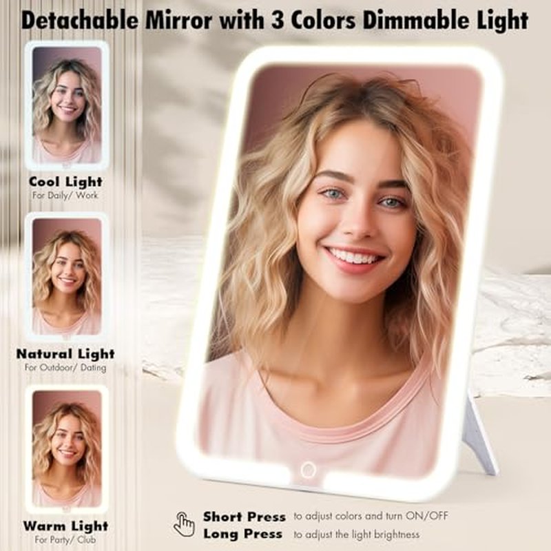15''X11'' Makeup Bag with Removeable Lighted Mirror, Travel Makeup Case with 3 Color Lights Dimmable Brightness, Large Capacity Cosmetic Organizer Case with Detachable Dividers & Shoulder Strap