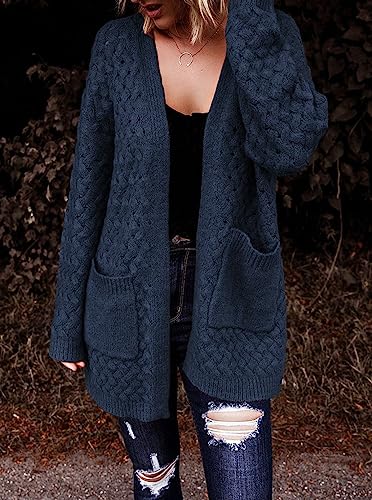 Large Blue Women's Cable Knit Cardigan Sweater with Pockets - Casual Open Front