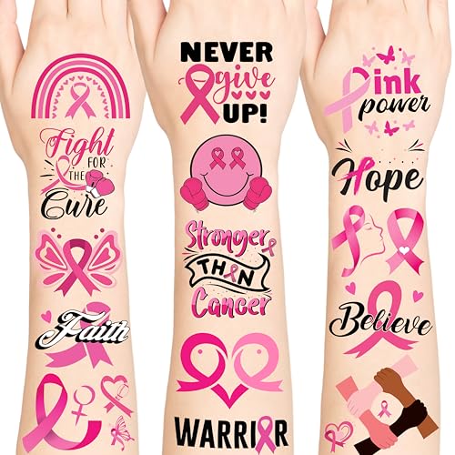 Breast Caner Temporary Tattoos, Pink Tattoos Stickers, Breast Cancer Awareness Decorations, Pink Stickers for Party Decoration Supplies Favors for Kids Adults
