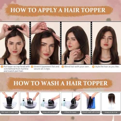 Hair Toppers for Women 14 Inch Real Human Hair Dark Brown with Reddish Undertone - 4x4.8 Inch Middle Part, Hand-Tied, Natural Scalp Line, Lightweight & Breathable - Variation: 4.0x4.8 Inches, 14 Inch, 4 Clips