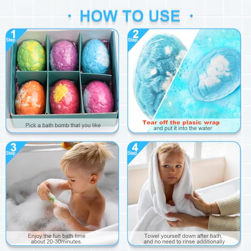 Zeewoo 6 Pack Dinosaur Bath Bombs with Surprise Toys for Kids, Organic & Safe Fun