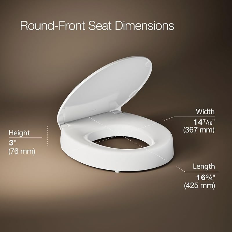 Kohler Hyten Elevated Quiet-Close Round Toilet Seat, 3-Inch Height, White, Pack of 2