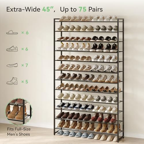 Black 12-Tier Shoe Rack Organizer for Closet - Holds 75 Pairs