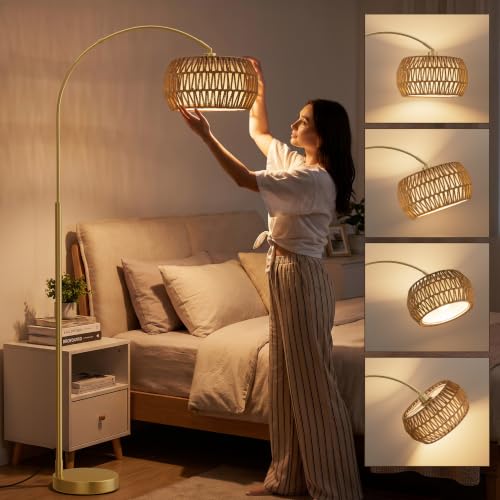 Ambimall Boho Arc Floor Lamp - Gold, Color Temp & Brightness Adjustable, Remote Control, Modern Lighting, Variation: Gold-Bohemian