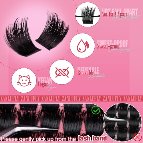 zanlufly Volume Lash Clusters Spiky Eyelash Clusters 120 Pcs Thick Cluster Eyelash Extensions with Thin Band 10-16mm Handmade Reusable Individual Eyelashes D Curly Lash extension DIY at Home