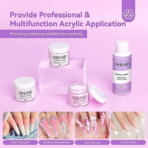 SAVILAND Acrylic Nail Kit with Drill: 15g White Pink Clear Acrylic Powder and Liquid, 100 Forms, Brushes, Primer, Top Gel & Tools ? Extension Nail Kit for Beginners with Everything Home Use