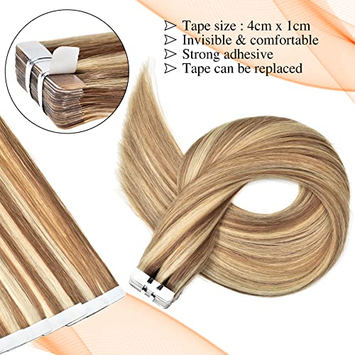 Tape In Hair Extensions Straight Skin Weft 14 Inch - Camel Brown Mix with Blonde - 20 Pieces