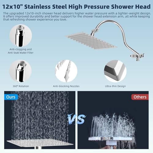 Square 12-Inch All Metal Rainfall Shower Head with Handheld Spray - Chrome Finish