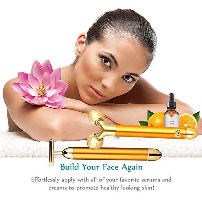 DANGSHAN 2-in-1 Electric Face Massager 24k Golden Facial Massager, 3D Roller and T Shape Facial Roller Massager Kit Skin Care Tools