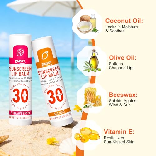 DMSKY SPF 30 Sunscreen lip balm 60 Pack, SPF Lip Balm Bulk, Broad Spectrum UVA/UVB Protection, Bulk Lip Sunscreen for Dry Cracked Lips-10 Flavors