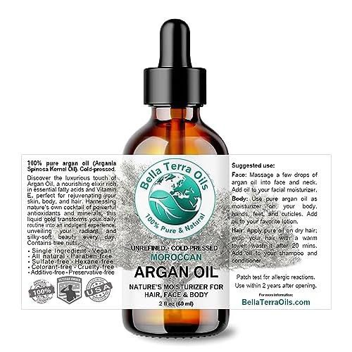 Bella Terra Oils - Argan Oil 2 oz - Cold-Pressed from Morocco, Rich in Vitamin E & Fatty Acids, Perfect Hair Oil Serum to Combat Frizz, Luxurious Face Oil