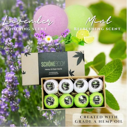 Hemp Bath Bombs Set for Muscle Relaxation & Stress Relief - 8 Large Vegan Fizzy Spa Gifts