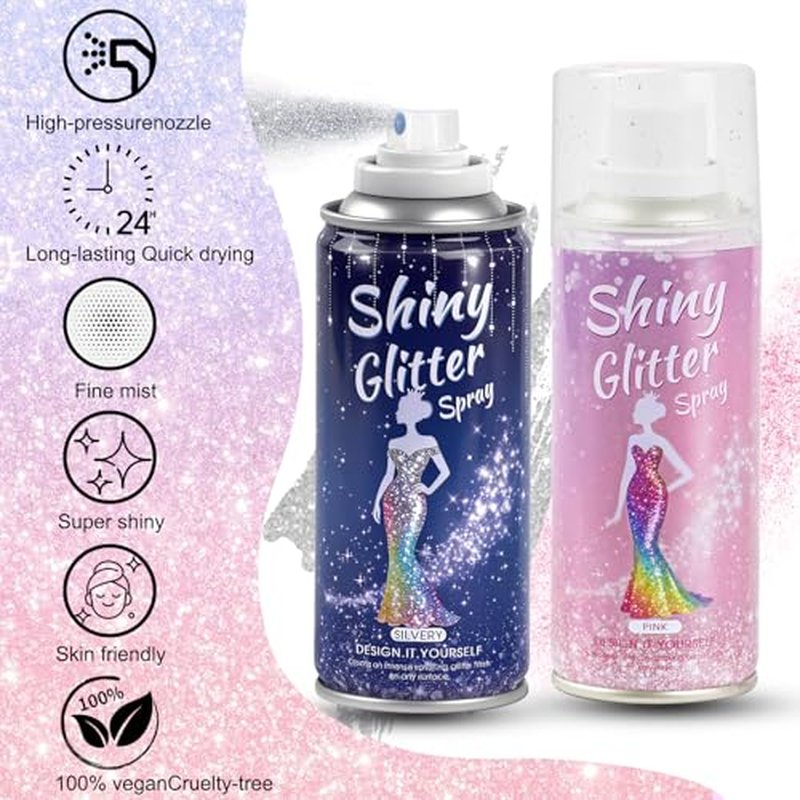 Hair and Body Glitter Spray,Long Lasting Quick-Drying Shimmer Mist for Music Festival Revelry, Nightclub Parties and Balls,Hairspray for Clothes, Face Glitter Spray 4.22 Fl Oz (Silver and Pink)