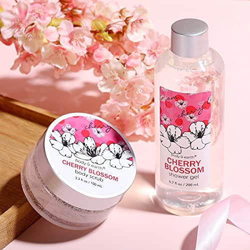 Bath and Body Gift Set for Women - Cherry Blossom Scent with Double-Layer Spa Gift Box, 5 Piece Home Spa Set Includes Shower Gel, Body Scrub, Body Lotion, Hand Soap, Rose Flower, Bath Set Gift for Her
