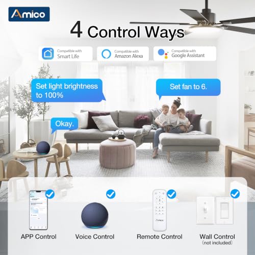 Amico 52 Inch Smart Ceiling Fan with Lights - Black, Downrod Mount