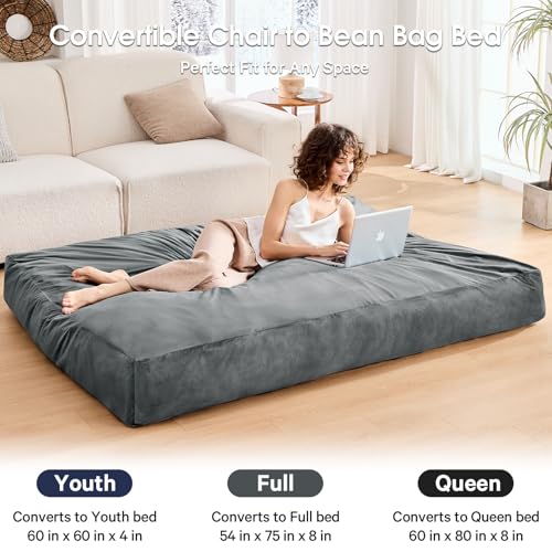 Adult Charcoal Bean Bag Chair Bed - Convertible Floor Sofa with Support & Soft Cover