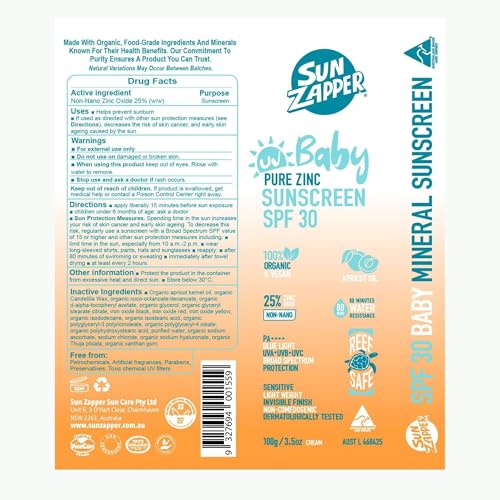 Sun Zapper Baby Zinc Sunscreen SPF 30 Natural Broad Spectrum 100g Pump
