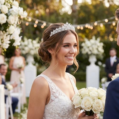 QXMYOO Silver Cubic Zirconia Bridal Tiara Small for Wedding Prom Quinceañera