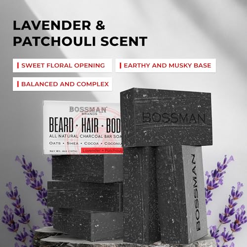 Bossman 6-Pack 4-in-1 Charcoal Soap Bar (4 oz) ? Bar Soap for Men ? All-Natural Beard Wash, Shampoo, Body Wash & Shaving Solution ? Lavender & Patchouli Scent