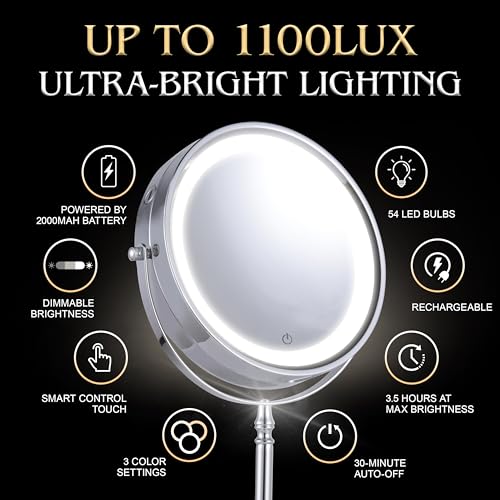 Super Zoom 15X Magnifying Makeup Mirror with Lights - 15X & 1X Make Up Vanity Mirror with 3 Lighting Modes, Rechargeable Battery with USB Cable - 8" Wide & 15" Tall (Chrome)