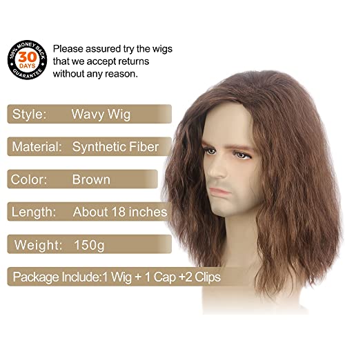 H&Bwig Brown Curly Men Wigs Long Wavy Fluffy Synthetic Hair for Costume & Party