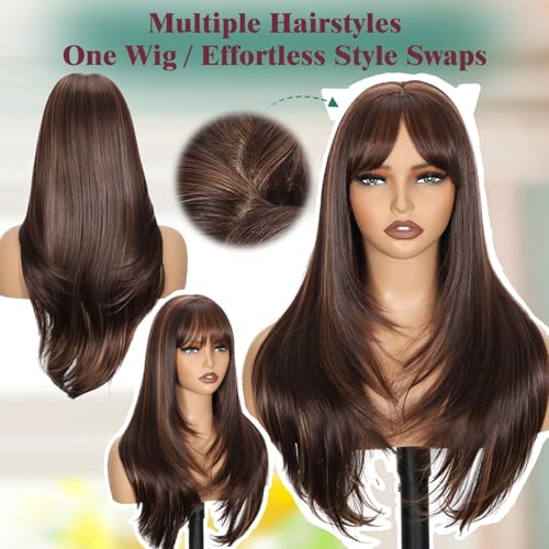 Long Wigs for Women 26 Inch Mix Brown Highlights with Bangs - Realistic Scalp & Wavy Style