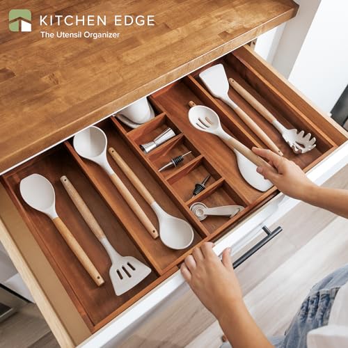 KitchenEdge Expandable Acacia Drawer Organizer - Natural, Fits 16-28 Inch Wide Drawers